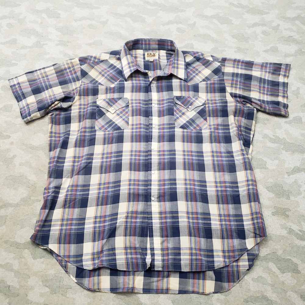 Ely Cattleman Western Shirt Mens 2XL Blue Plaid Pearl Snap Short Sleeve Rodeo - Picture 1 of 8